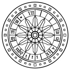 Fototapeta premium Ancient mystical circular chart with Roman numerals and starburst esoteric symbolism line art
