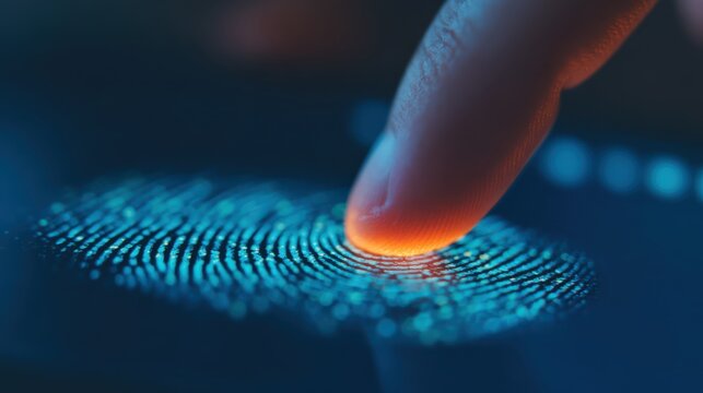 A close-up of a fingertip touching a digital fingerprint sensor, illuminated in vibrant blue, highlighting biometric technology and security.