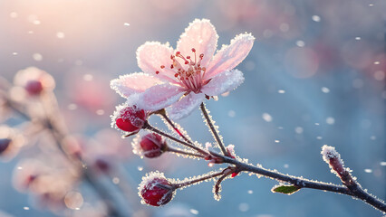 Delicate cherry blossom branch adorned with glistening frost and falling snowflakes, capturing the serene beauty of winters embrace on a soft, ethereal morning