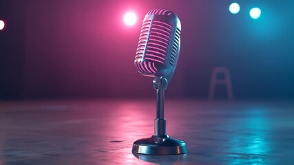 Vintage microphone on stage with colorful magenta blue neon lighting - Powered by Adobe