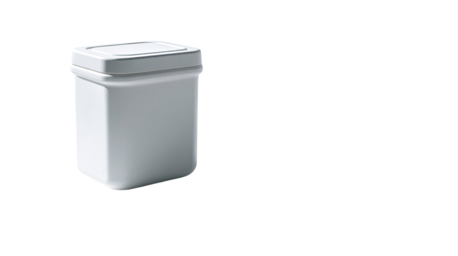 White plastic storage container with smooth surface and clean minimal form shown in detailed studio lighting isolated on white background