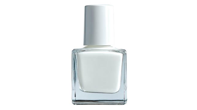 Clear glass bottle filled with vibrant nail polish showing smooth glossy texture and precise cosmetic detail displayed neatly isolated on white background