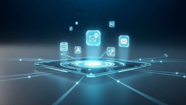 Abstract digital network interface with glowing icons and data stream connections