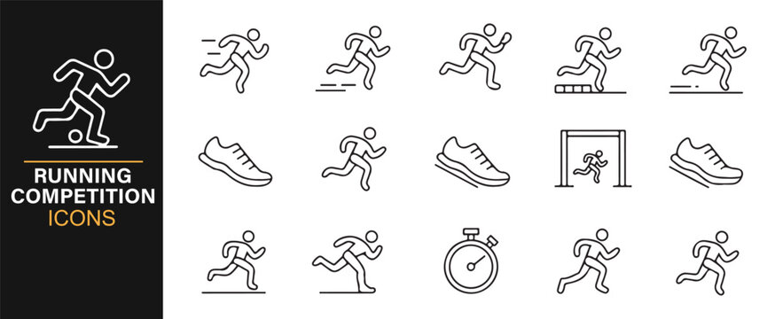 Jogging and race event icon set in clean minimal line-style design