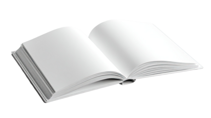 Open hardcover book displaying blank white pages lying flat with clean layout and detailed texture isolated on white background
