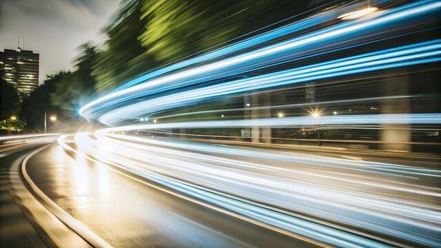 Streaks of light illuminate a curving roadway at night showcasing motion blur