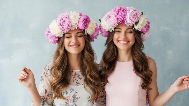 Two smiling young women wearing beautiful pink and white peony flower crowns against a light blue textured background