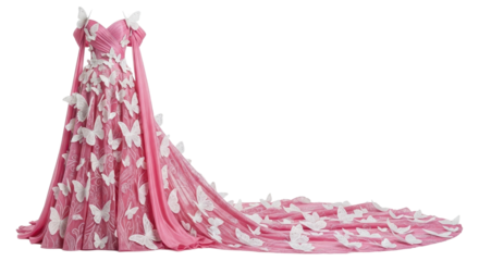 Stunning pink evening gown with long train decorated with white 3D butterfly appliques. isolated PNG with Transparent Background