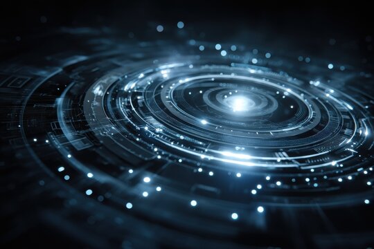 Blue futuristic digital circular interface background with glowing rings and high-tech design for tech presentations
