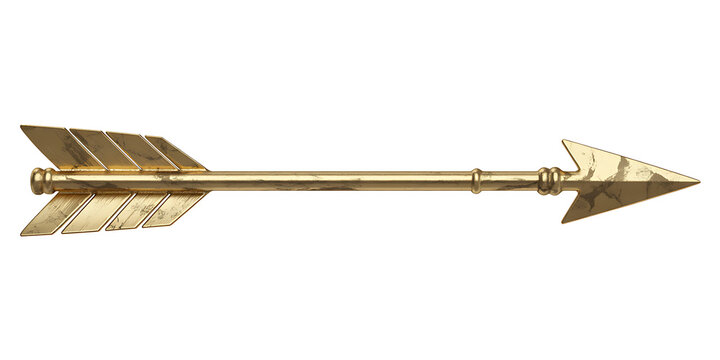 A single brass arrow with detailed fletching and arrowhead isolated on white background