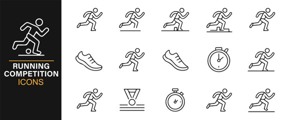 Clean outline icons illustrating sprint poses, medals, and timing tools