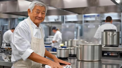 Senior chef with a warm smile stands confidently in a bustling kitchen, showcasing culinary expertise while colleagues prepare dishes in the background, highlighting teamwork and passion for cooking