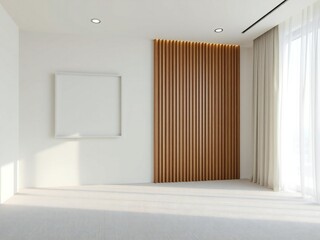 Fototapeta premium Modern minimalist interior with wooden slat wall and natural light