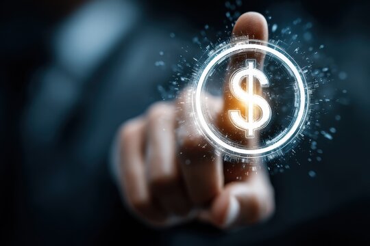Businessman touches a glowing dollar symbol icon with his finger in a futuristic digital interface