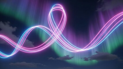 Abstract neon light trail looping in a figure eight shape against a dark sky with aurora borealis