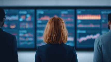 A professional setting with individuals observing data visualizations on multiple screens, highlighting analytics and decision-making in a corporate environment.