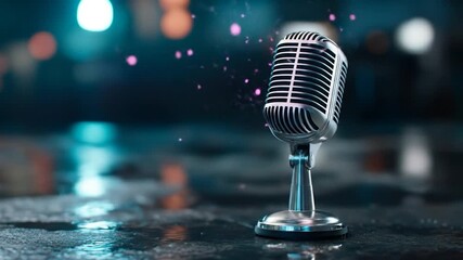 Retro microphone on stage with blurred colorful lights and sparkling elements
