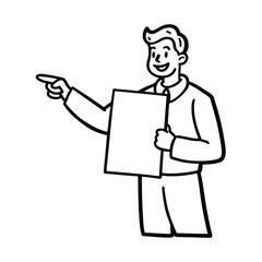 Professional woman in a suit standing and smiling, holding a clipboard and showing a blank sign to the camera