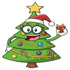 Cute Cartoon Christmas Tree with Santa Hat and Gift Vector