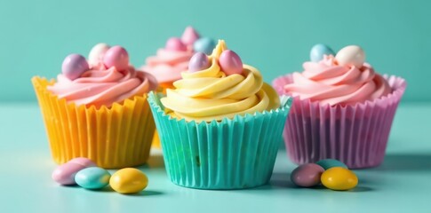 Assorted Easter candies nestled in bright cupcake liners , candy, wrappers, spring