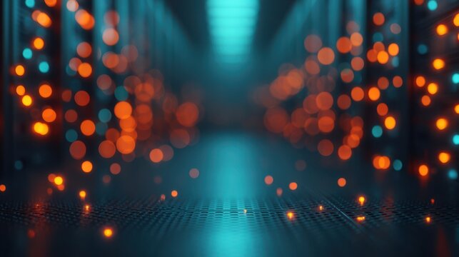 A blurred image showcasing vibrant orange and blue bokeh lights, creating a futuristic ambiance reminiscent of a digital or server environment.