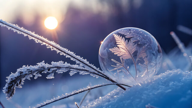 Frozen soap bubble with intricate ice patterns on frostcovered grass, illuminated by soft winter sunset, creating magical scene