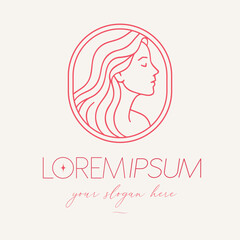 Minimalist logo woman face flowing hair modern and elegant line for spa, beauty blog, cosmetic shop, website