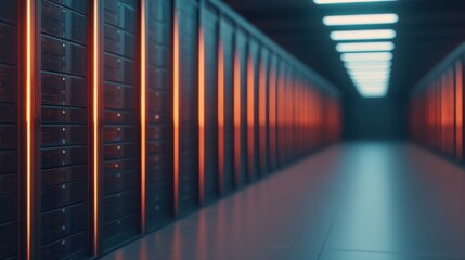 A dimly lit server room featuring rows of data servers with glowing lights, creating a futuristic technology atmosphere.