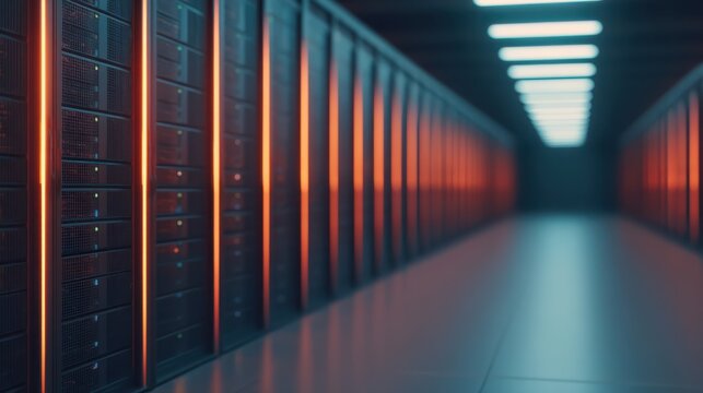 A dimly lit server room featuring rows of data servers with glowing lights, creating a futuristic technology atmosphere.