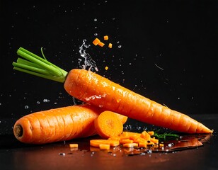 Fresh, whole, and chopped carrots with water droplets on dark surface
