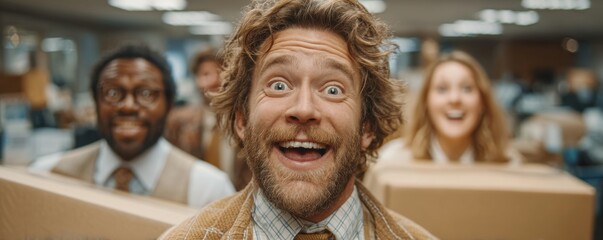 Happy coworkers pack boxes in a bright office as a diverse team smiles at the camera