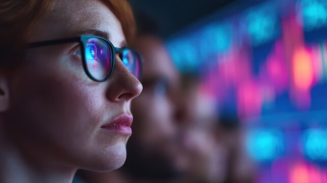 A focused individual analyzes data on screens, illuminated by colorful graphs and charts, showcasing a tech-driven environment. - Powered by Adobe