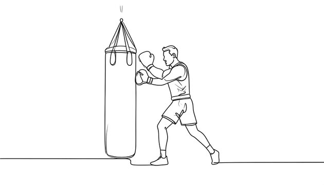 Line art illustration of a boxer training with a punching bag.
