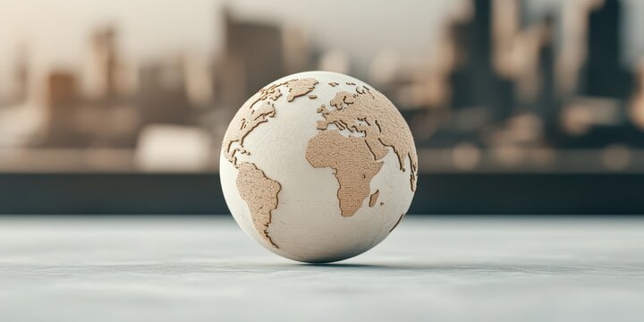 Small world object with textured continents rests on a textured surface with blurred background buildings.