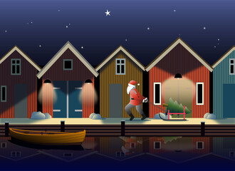 A Santa Claus walks on the quay in front of traditional fishing sheds in a Swedish fishing village.