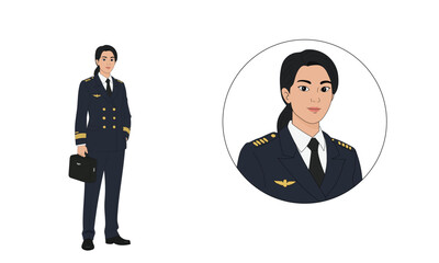 Professional airline female pilot character illustration with portrait