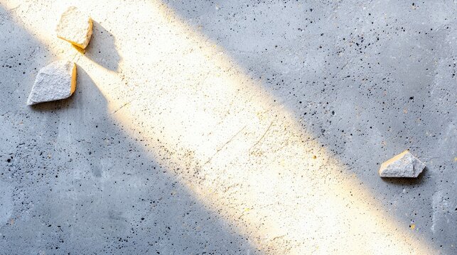 A textured concrete wall with three small, irregular stones scattered across its surface. A strong diagonal beam of sunlight illuminates a portion of the wall, - Powered by Adobe
