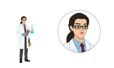 Young female scientist character with lab coat and briefcase