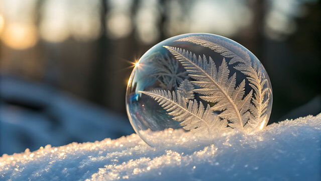 A delicate frozen soap bubble with intricate ice crystals rests on a pristine snow surface, illuminated by the warm glow of a winter sunset