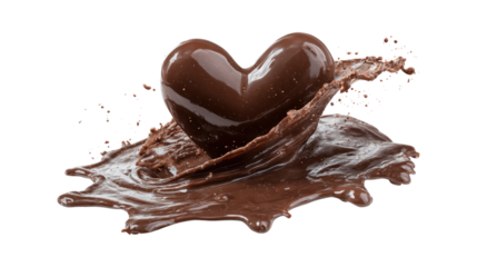 A heart made of chocolate is floating in a pool of chocolate, isolated on a transparent background