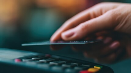 A close-up of a hand poised to tap a card on a payment terminal, highlighting modern payment technology and consumer transactions.
