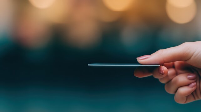 A close-up of a hand holding a sleek card against a blurred background, suggesting themes of payment or technology.