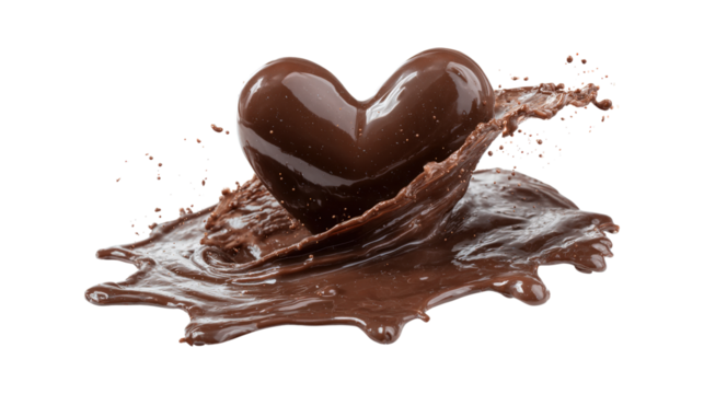 A heart made of chocolate is floating in a pool of chocolate, isolated on a transparent background - Powered by Adobe