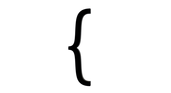 Black three-dimensional curly brace symbol for coding, mathematics, and graphic design concept isolated PNG with Transparent Background