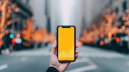 A hand holds a smartphone displaying a yellow screen with sound wave graphics, set against a blurred city street adorned with lights.