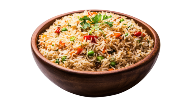 A bowl of rice with vegetables and peas, isolated on a transparent background