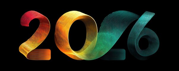 Colorful ribbon numbers form a 2026 logo on a black background with gradient lines