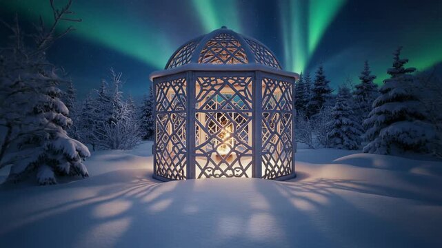 Enchanting winter gazebo under the Northern Lights