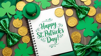 Festive st patricks day flat lay with a notebook, shamrocks, gold coins, and green accessories