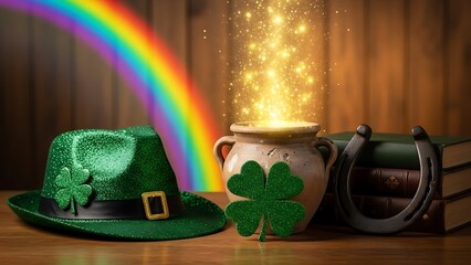 Festive st patricks day display with a green leprechaun hat, glowing pot of gold, shamrock, and a vibrant rainbow